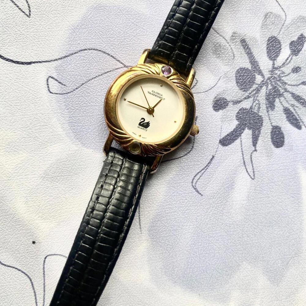Vintage Gloria Vanderbilt MCM Black Band Classic Wrist Watch with Gold Accents
